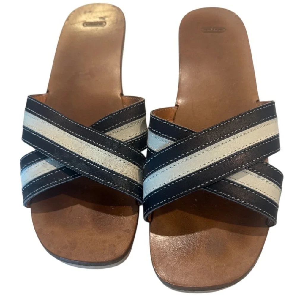 Coach Eliana Calf Womens Wedge Sandals Navy Parchment Strappy US 8